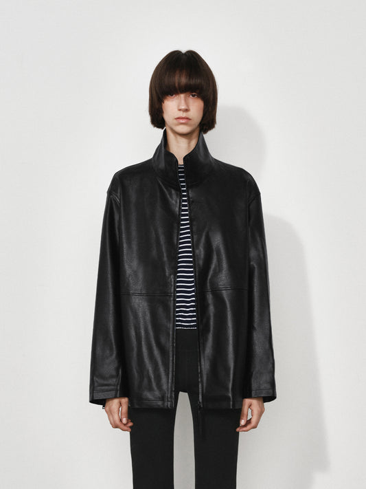 Loose Funnel-Neck Leather Jacket