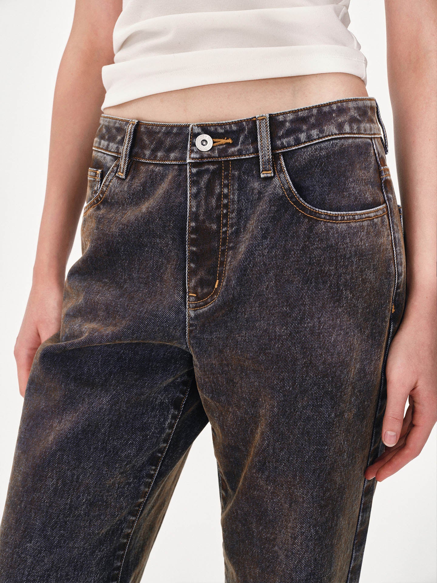 Flocked and Distressed Straight-Leg Jeans