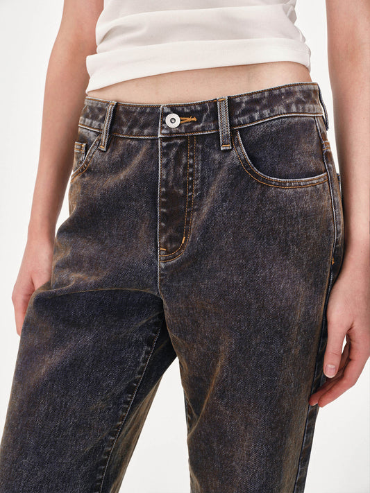 Flocked and Distressed Straight-Leg Jeans