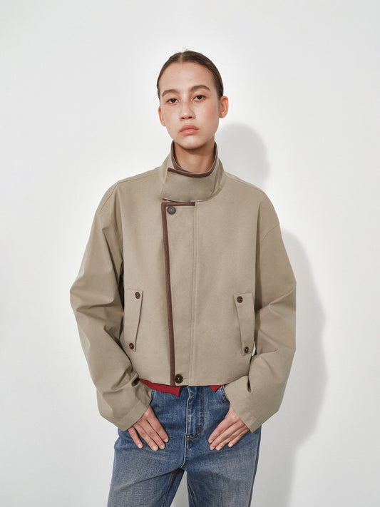 Long Sleeve Stand Collar Short Trench Coat with Leather Panels