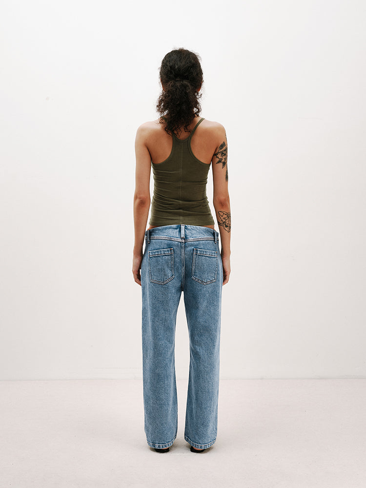 Light Blue Washed Contrast-Stitch Stretch Crop Jeans