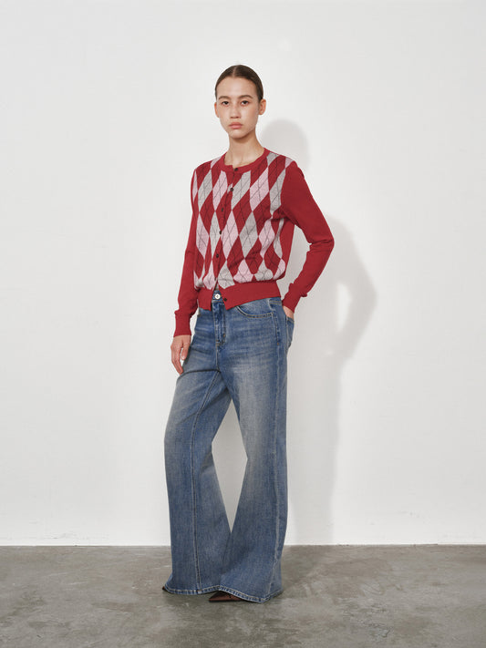 Colorblock Argyle Jacquard Knit Cardigan