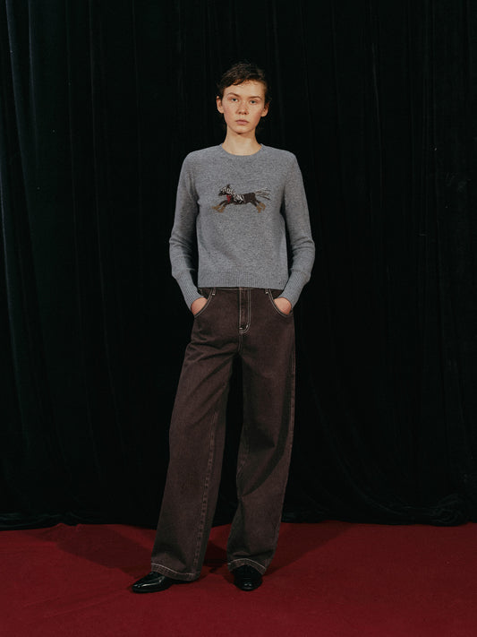 Pony Print Crewneck Sweater with Fringe