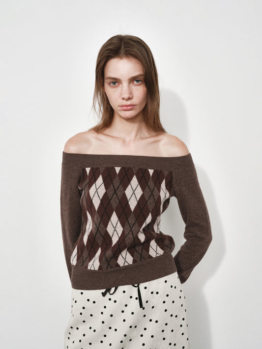 Plaid Off-Shoulder Long Sleeve Sweater