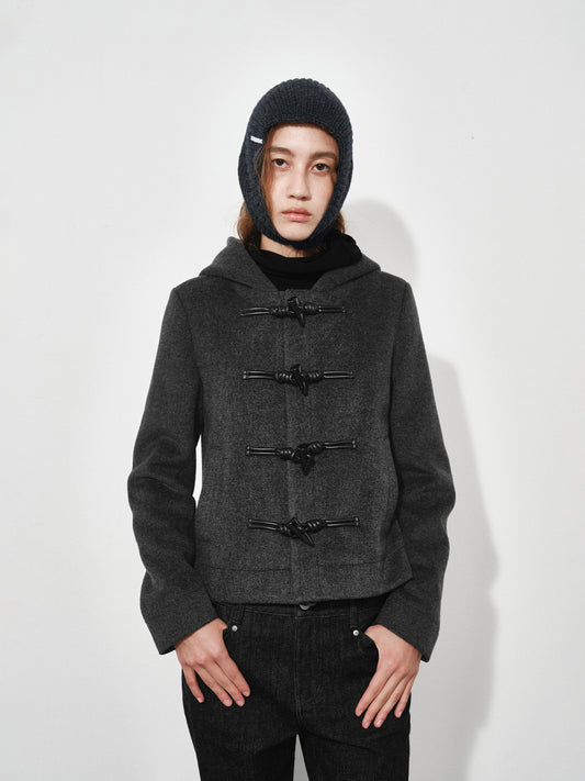 Hooded Toggle-button Slim-fit Short Wool Coat