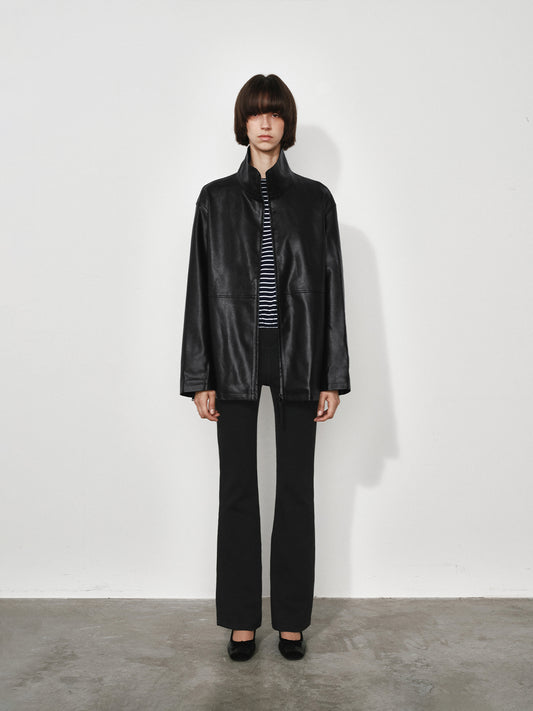 Loose Funnel-Neck Leather Jacket