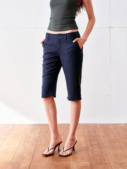Tencel-Linen Blend Lace Trim Capri Pants