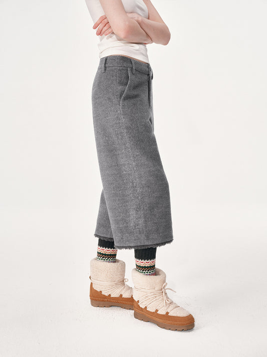 Fur-Paneled Woolen Cropped Trousers