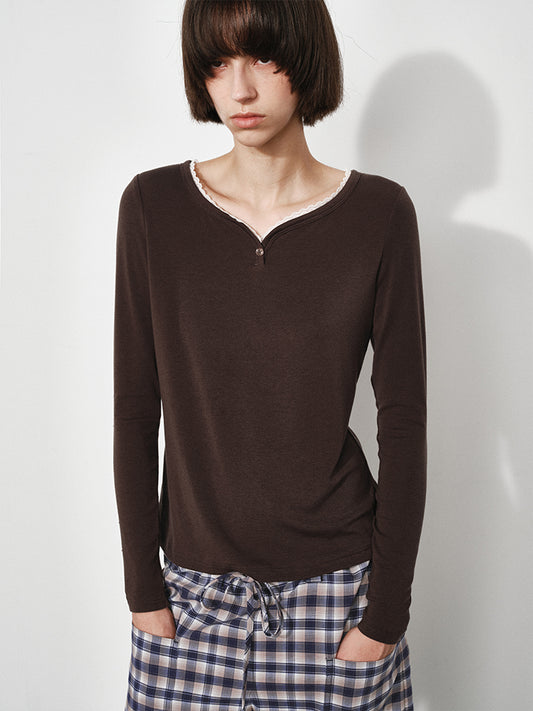 Lace-Trimmed Sweetheart Neckline Long Sleeve Tee