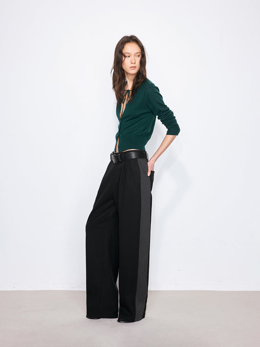 Contrast Side Seam Straight-Leg Double-Pleated Trousers