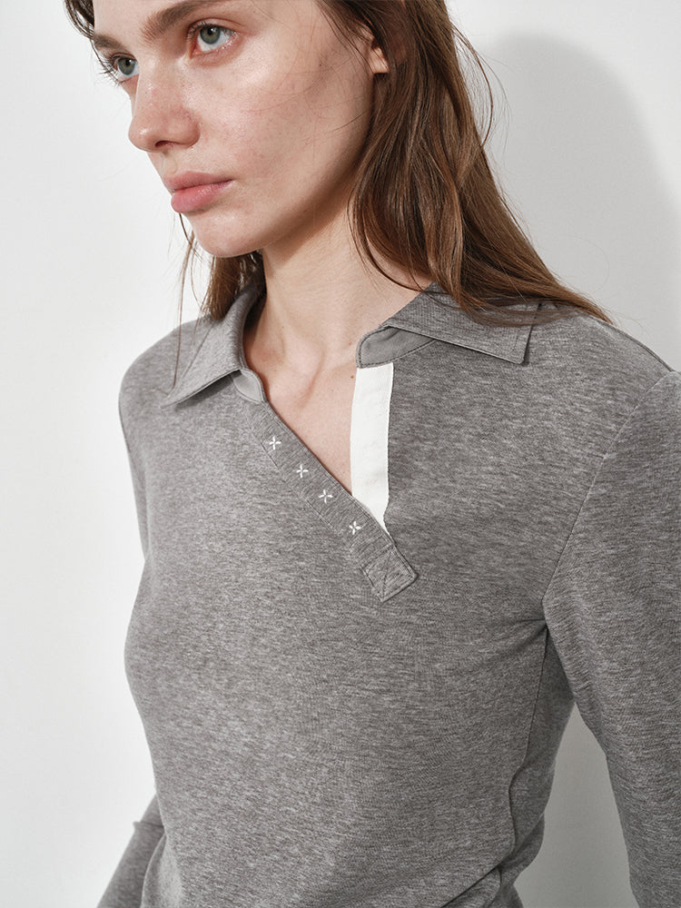 Slanted Polo Neck Long Sleeve Tee