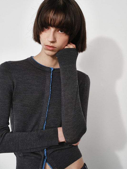 Ruffle-Trim Colorblock Knit Cardigan