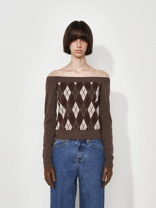 Plaid Off-Shoulder Long Sleeve Sweater