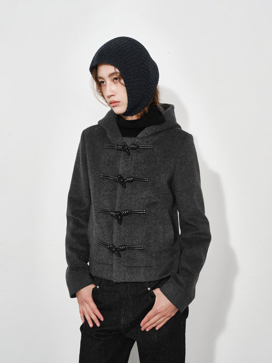 Hooded Toggle-button Slim-fit Short Wool Coat