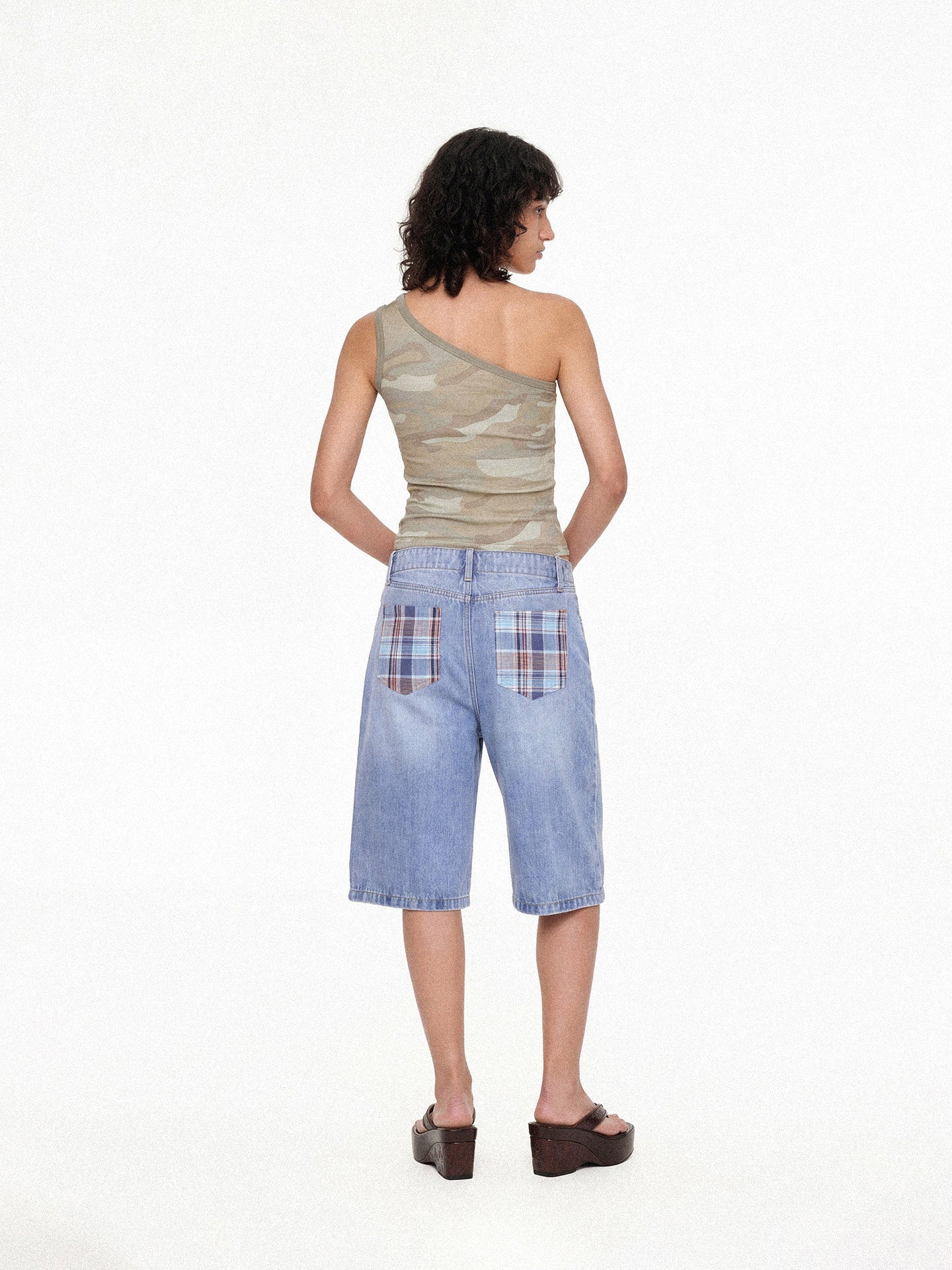 Plaid Panel Denim Knee-Length Shorts