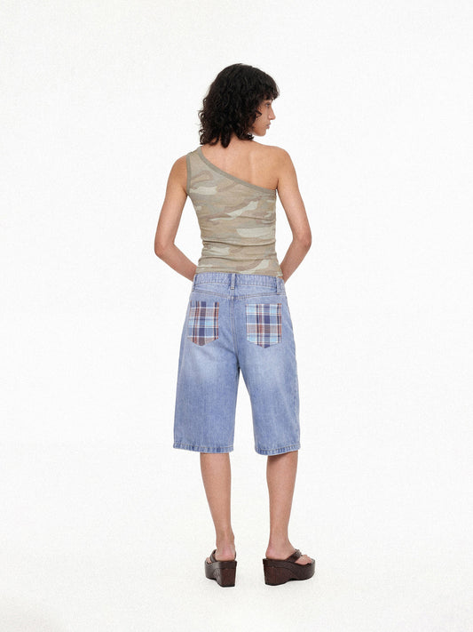Plaid Panel Denim Knee-Length Shorts