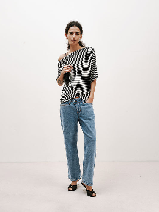 Light Blue Washed Contrast-Stitch Stretch Crop Jeans