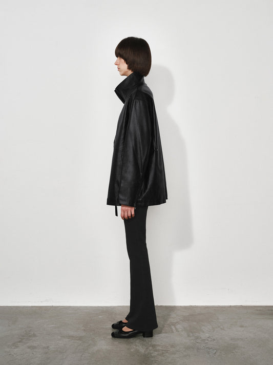 Loose Funnel-Neck Leather Jacket