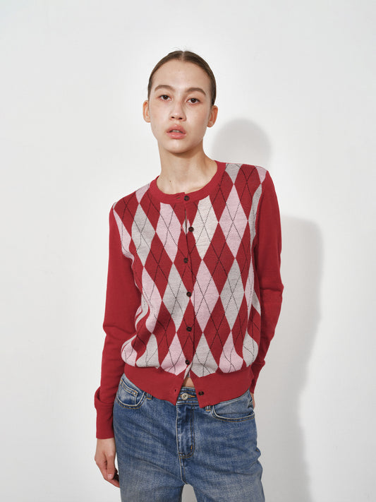 Colorblock Argyle Jacquard Knit Cardigan