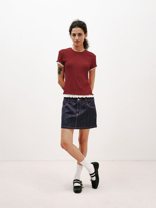 Double-Layer Contrast Wavy-Edge Short-Sleeve T-Shirt