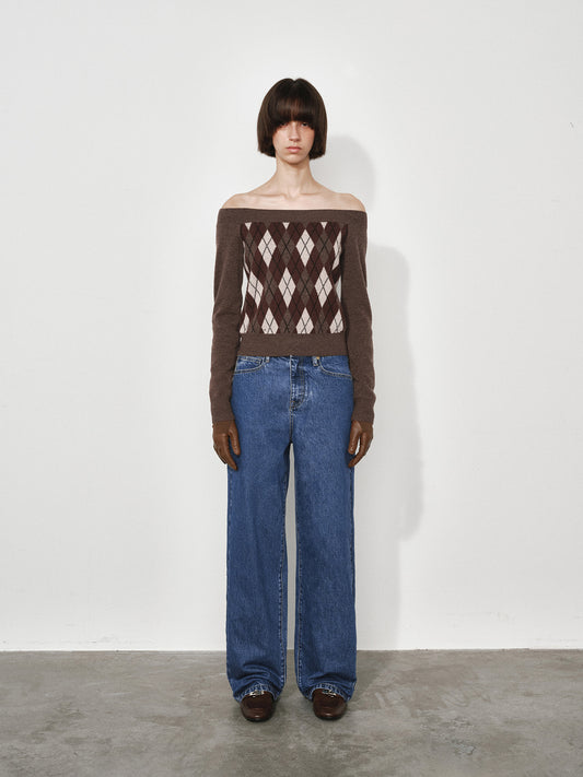 Plaid Off-Shoulder Long Sleeve Sweater