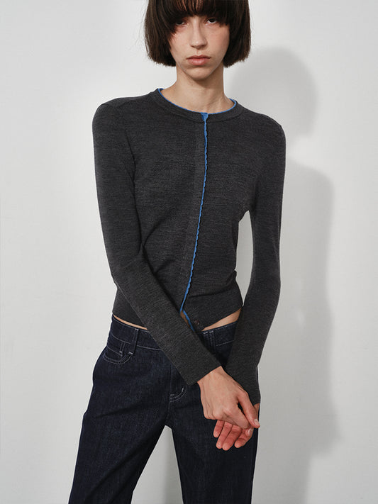 Ruffle-Trim Colorblock Knit Cardigan