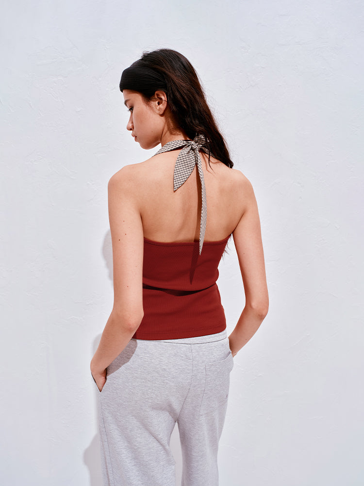 Checkered tie-back halter top
