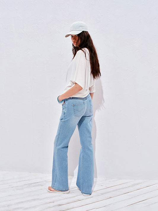 Ice blue washed stretch flare jeans