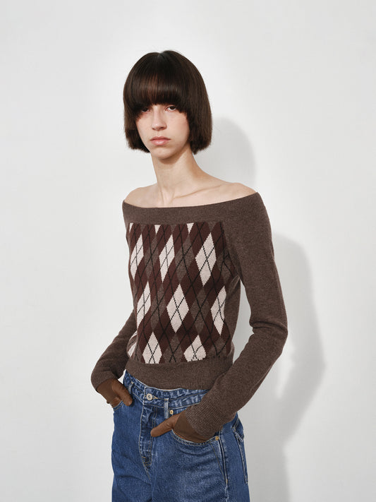 Plaid Off-Shoulder Long Sleeve Sweater