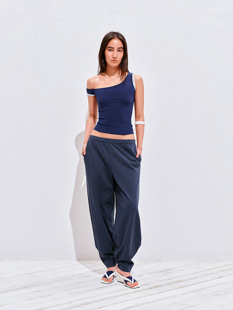 Asymmetric Off-Shoulder Color-Block Layered Tank