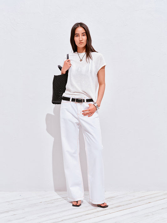 Contrast-Stitch Straight-Leg Pants