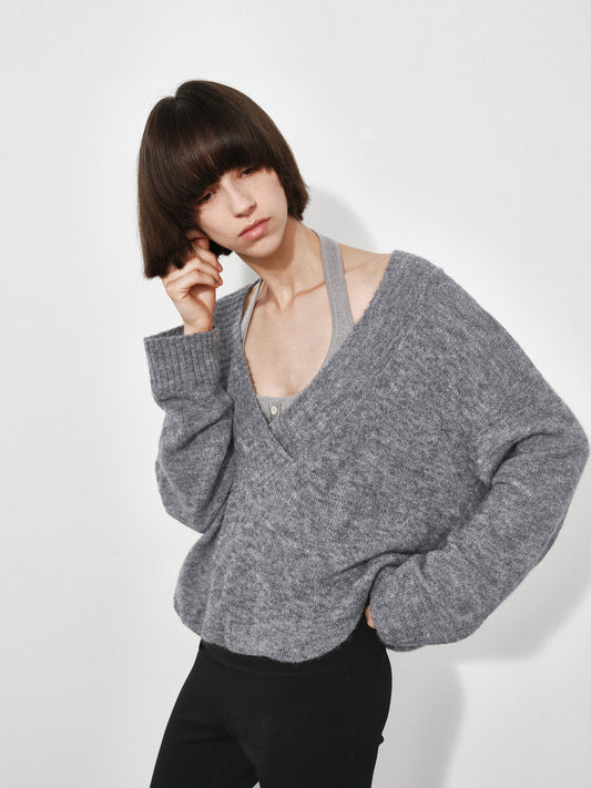 False Two-piece Oversized Deep V-neck Knit Sweater