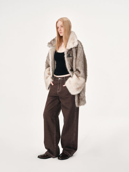 Mid-Length Color-Block Fur Coat