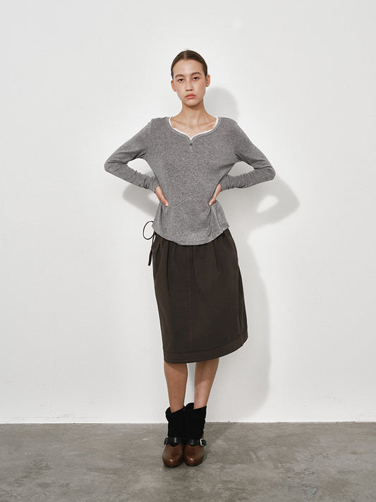 Lace-Trimmed Sweetheart Neckline Long Sleeve Tee