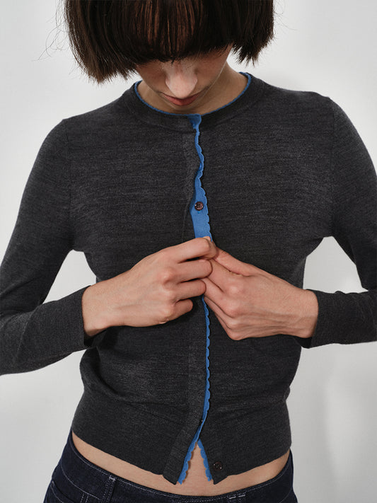 Ruffle-Trim Colorblock Knit Cardigan