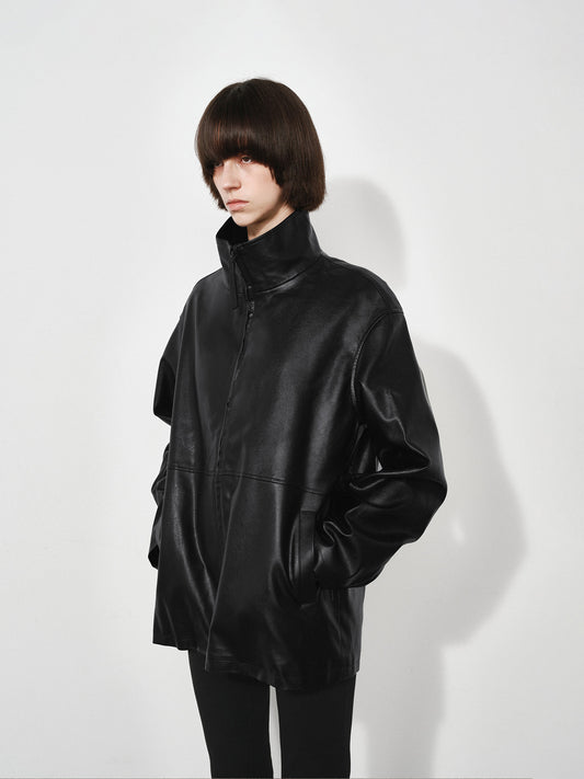 Loose Funnel-Neck Leather Jacket