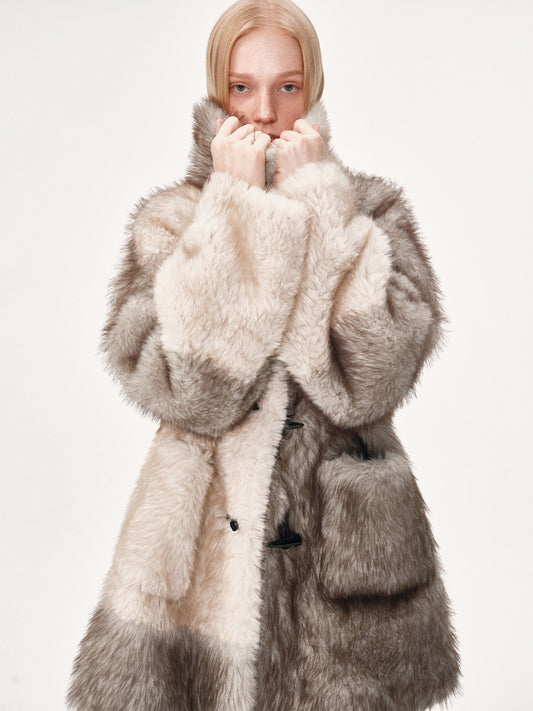 Mid-Length Color-Block Fur Coat