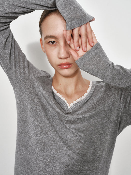 Lace-Trimmed Sweetheart Neckline Long Sleeve Tee