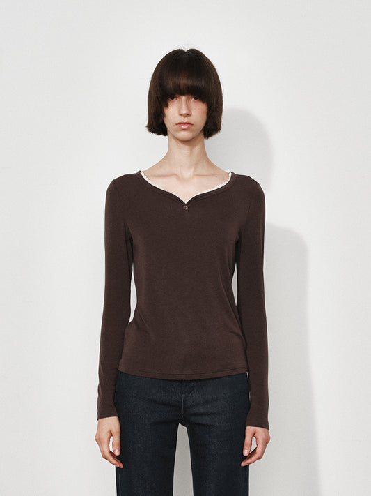 Lace-Trimmed Sweetheart Neckline Long Sleeve Tee