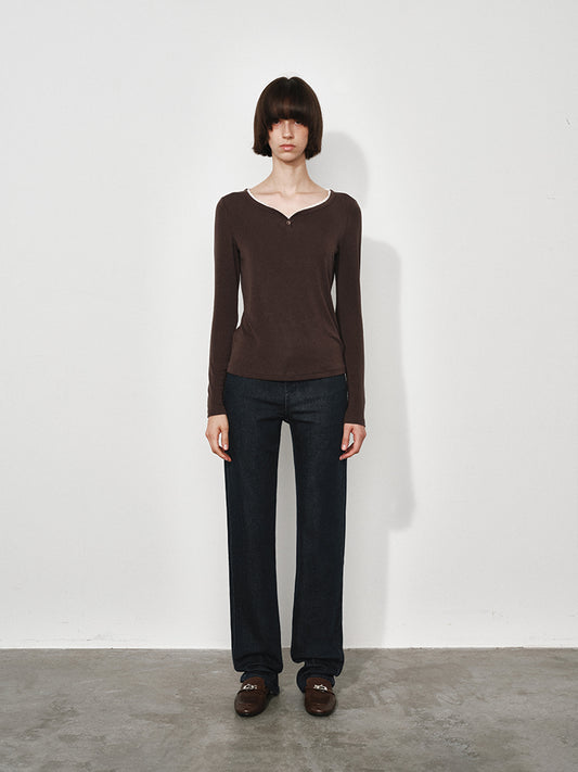 Lace-Trimmed Sweetheart Neckline Long Sleeve Tee