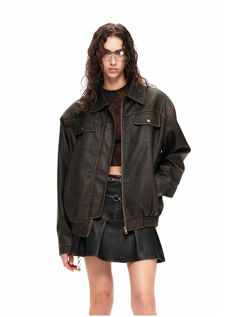 NUHT “Faux Leather Jacket” Brown Washed Retro Jacket
