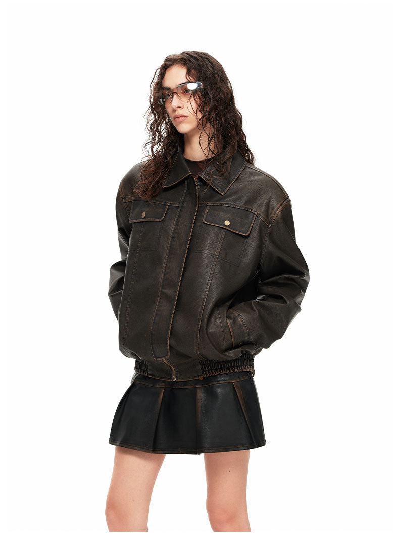 NUHT “Faux Leather Jacket” Brown Washed Retro Jacket