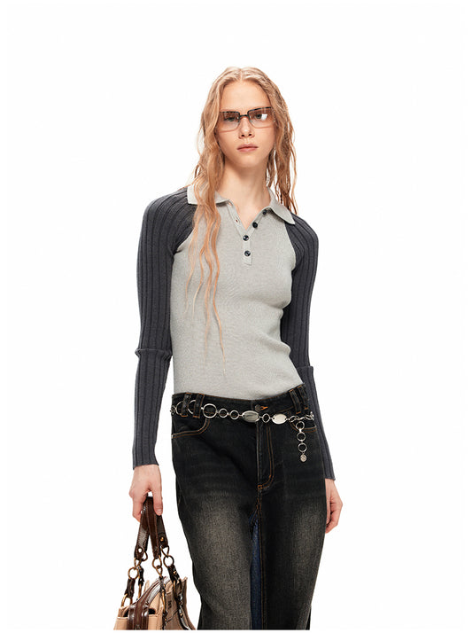 NUTH “Linear Combination” Color-Matching Knitted Top（Black x Blue/Griege x Dark Gray）