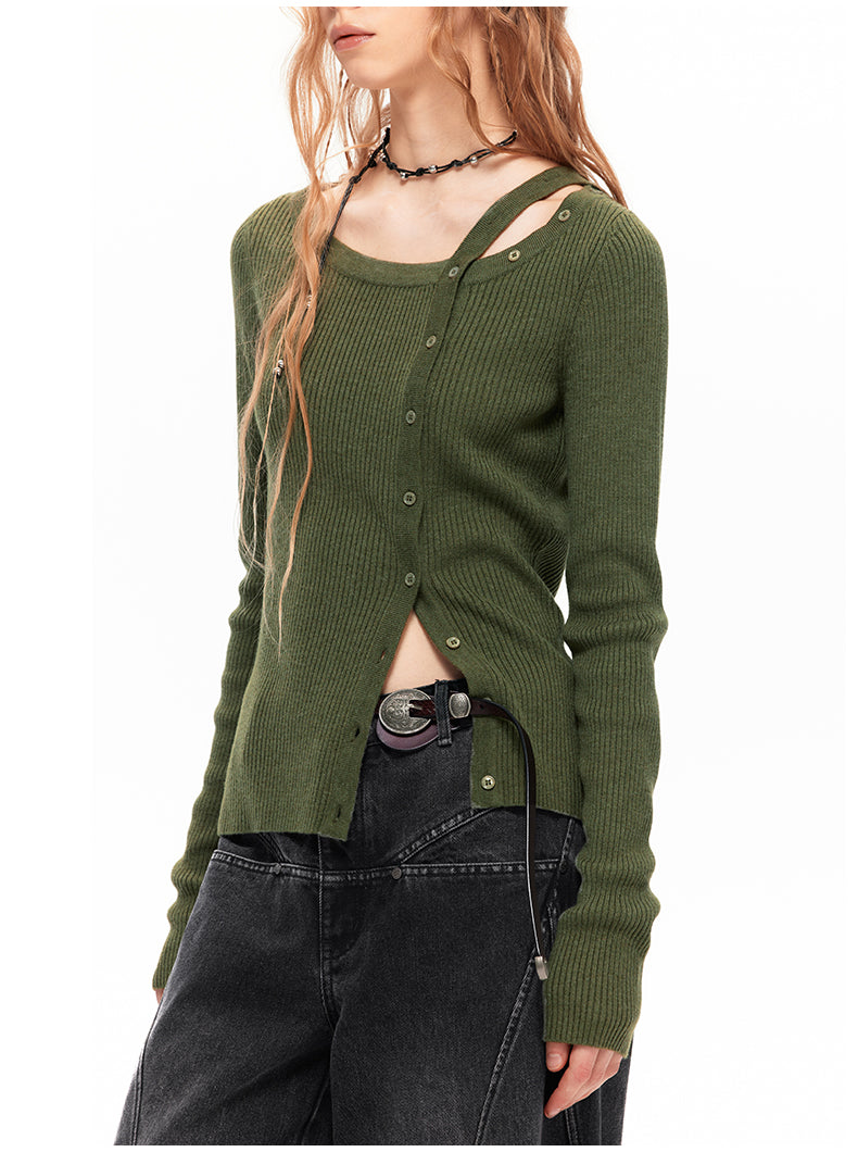 NUTH Asymmetric Close-Fitting Knitted Top（Black/Green）