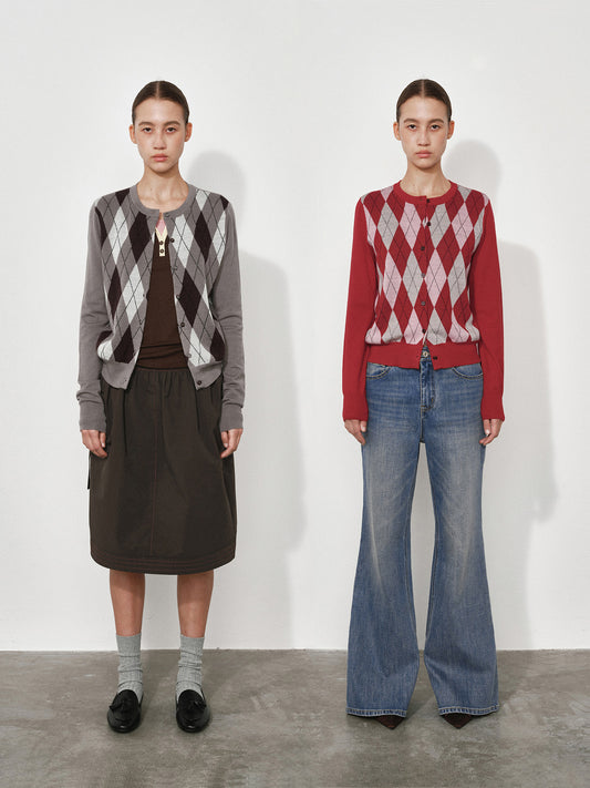 Colorblock Argyle Jacquard Knit Cardigan