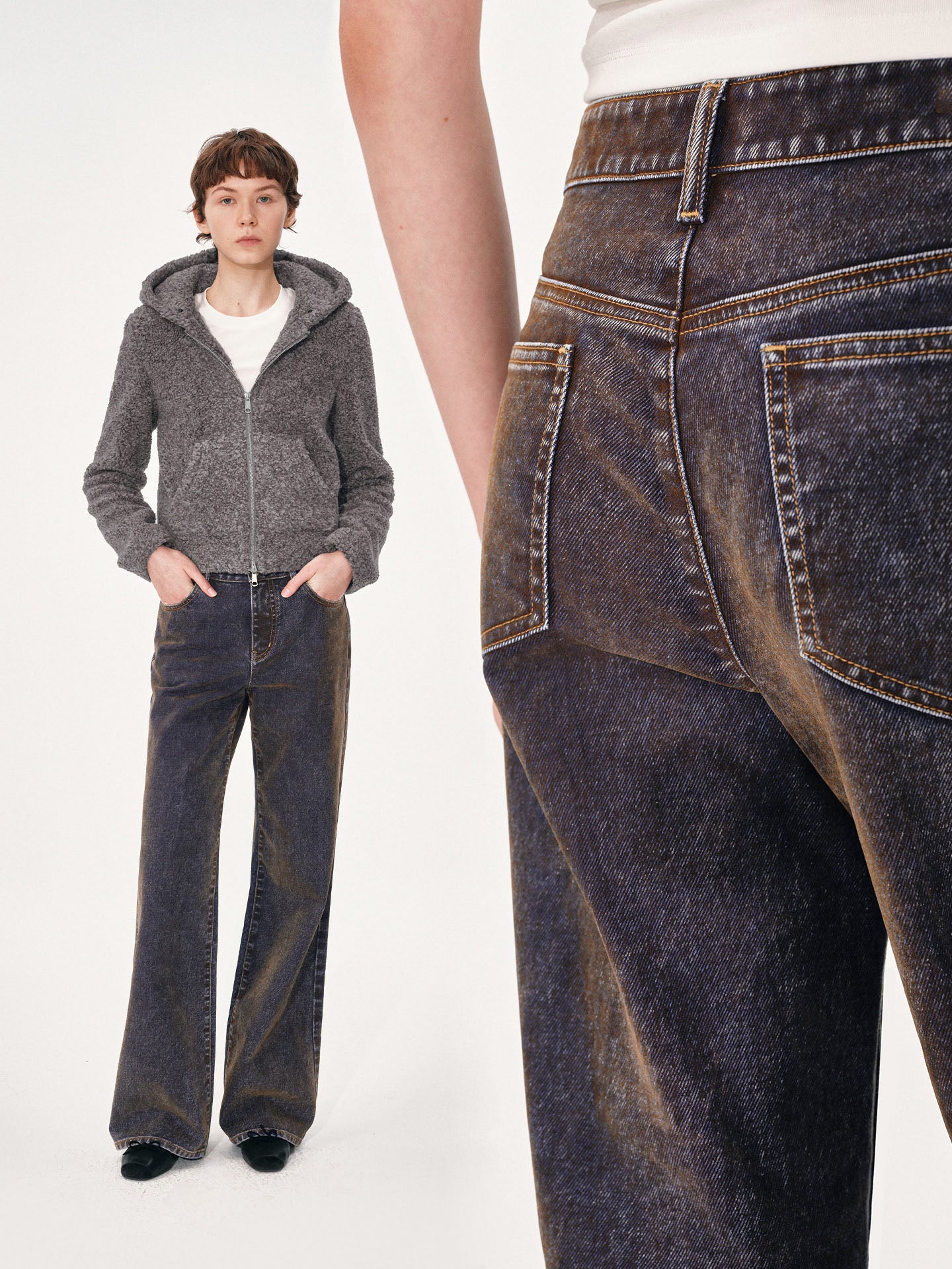 Flocked and Distressed Straight-Leg Jeans