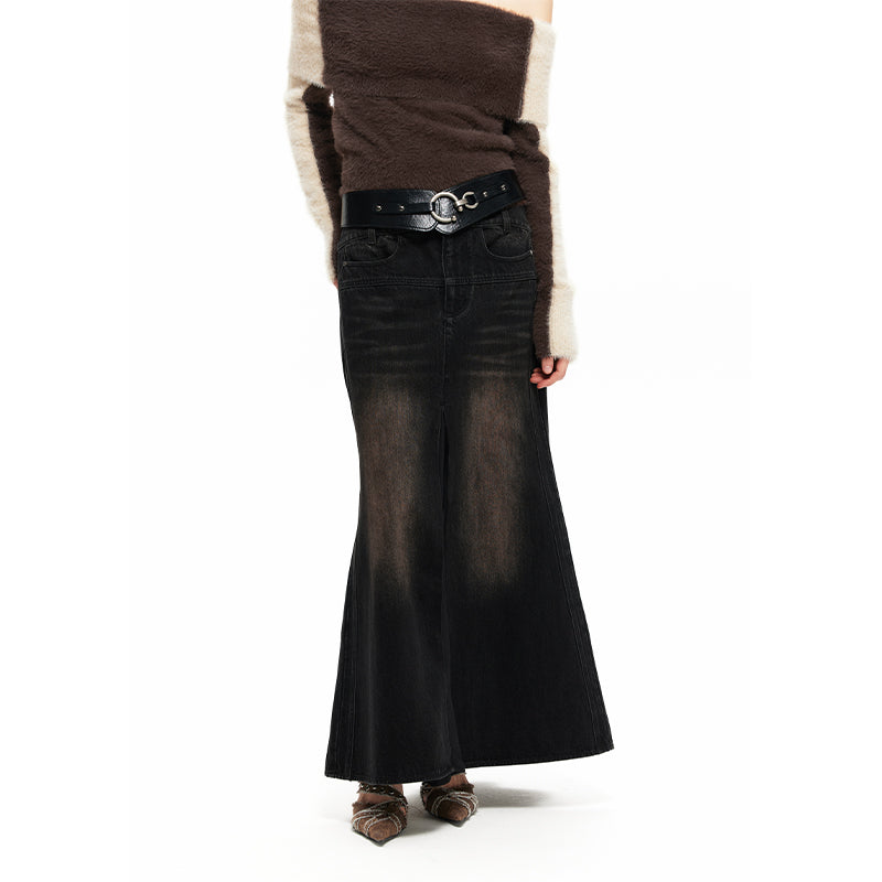 NUTH "Patchwork Fishtail Skirt" Contrast Color Denim Long Skirt(Black)