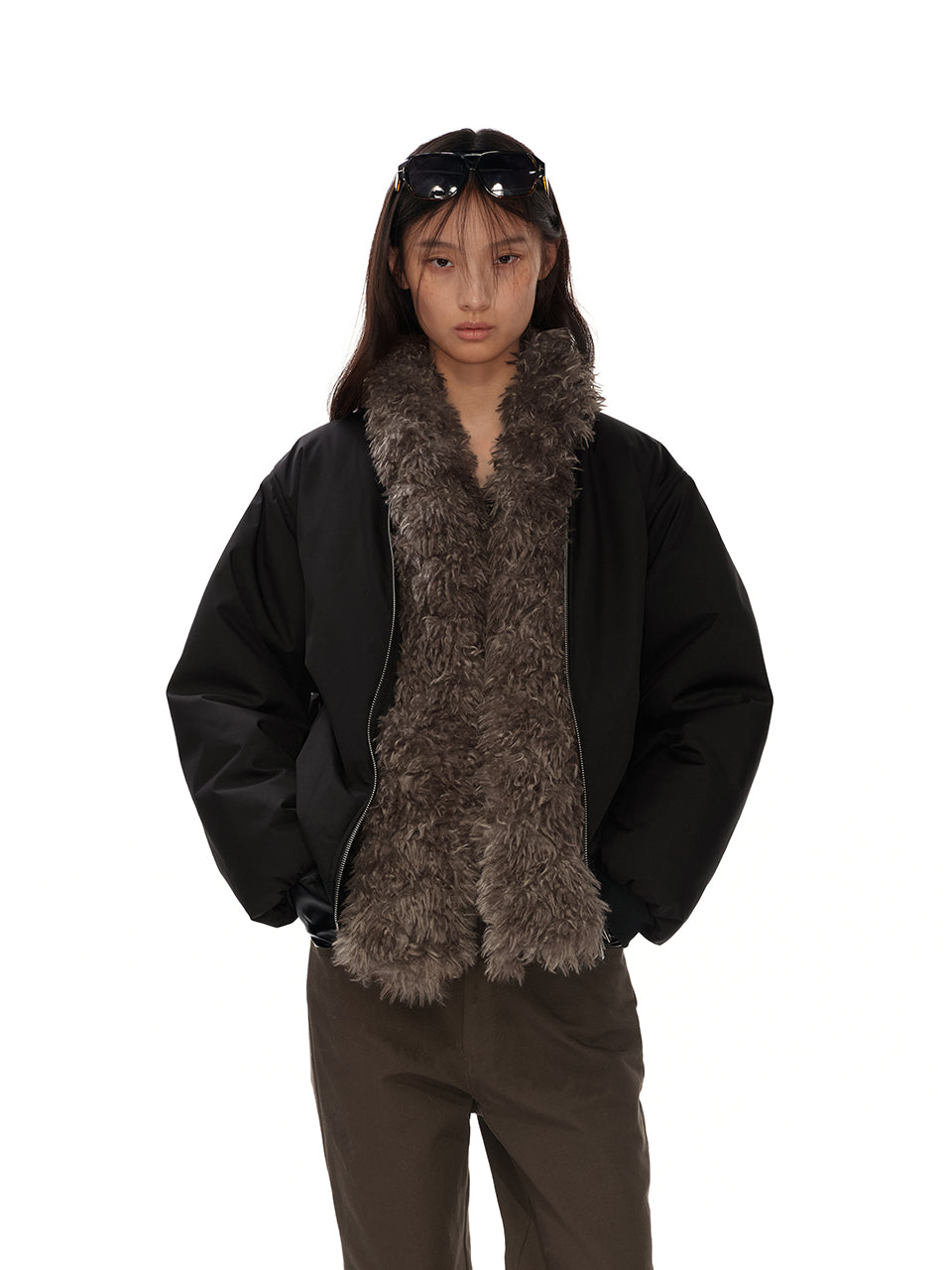 Fur collared bomber jacket