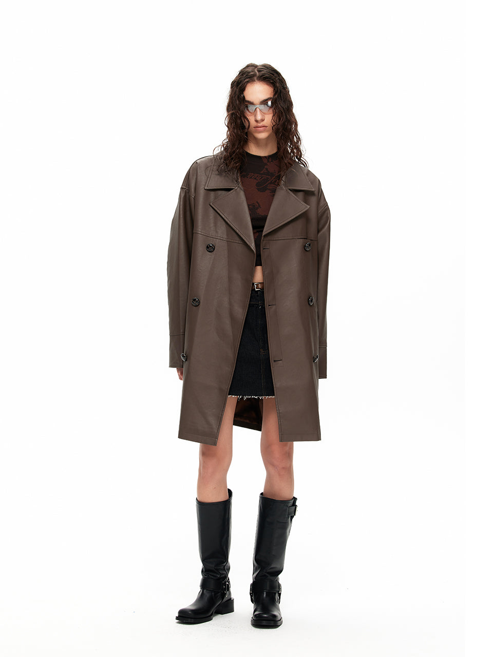 NUHT Retro Loose Mid-Length  Faux Leather Coat(Brown&Black)