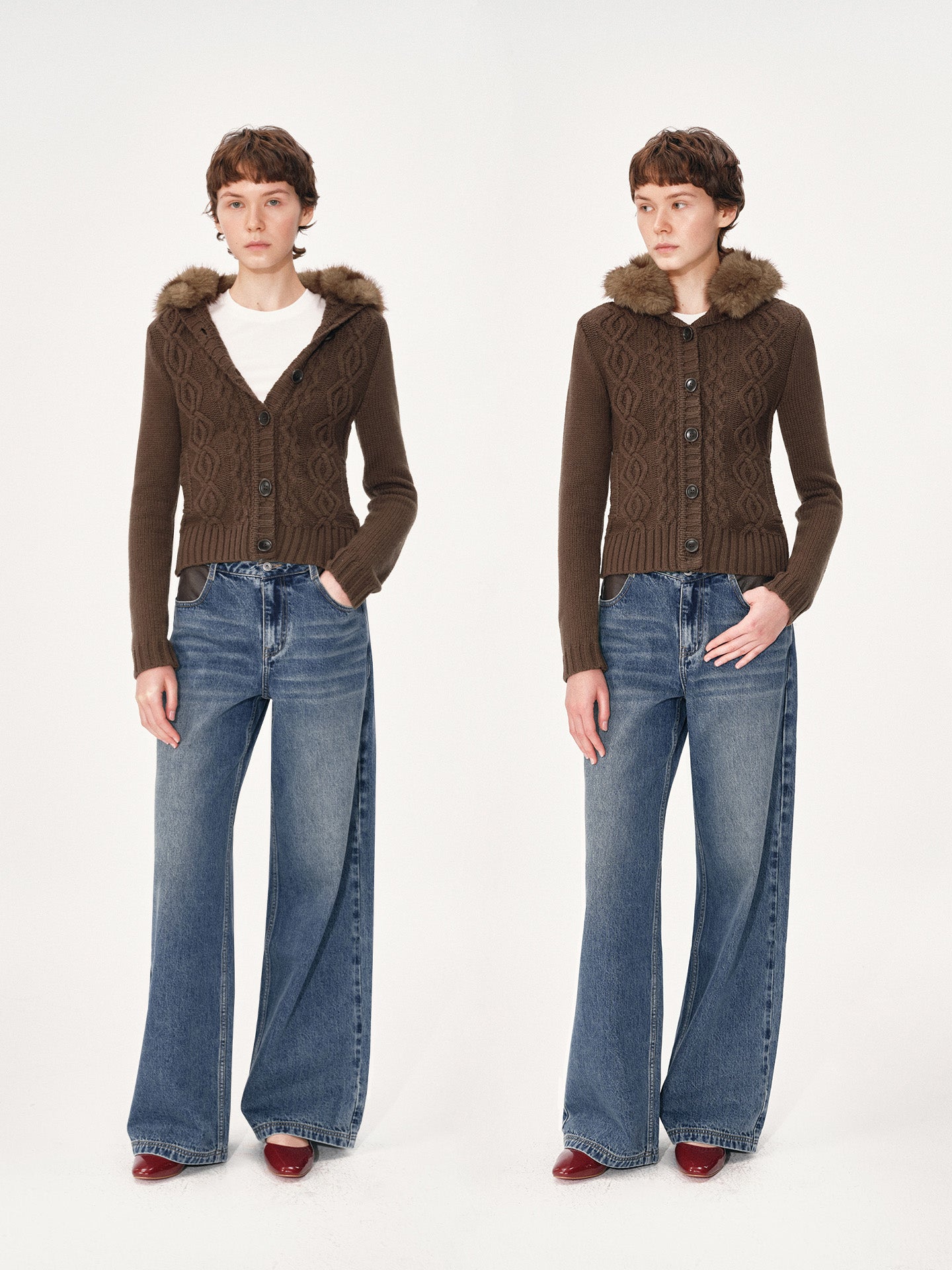 Cabled Cardigan with Fur Collar